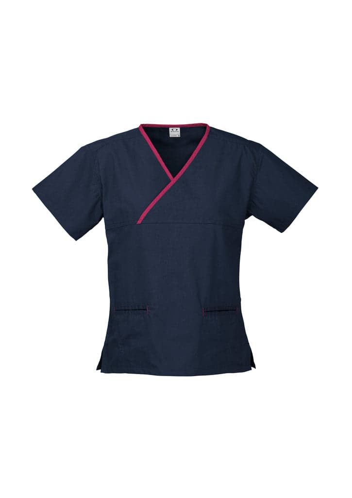 Contrast Ladies Crossover Scrubs Top in Navy/Fuchsia
