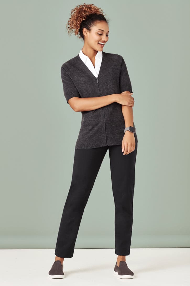 Womens Zip Front Short Sleeve Knit in Charcoal