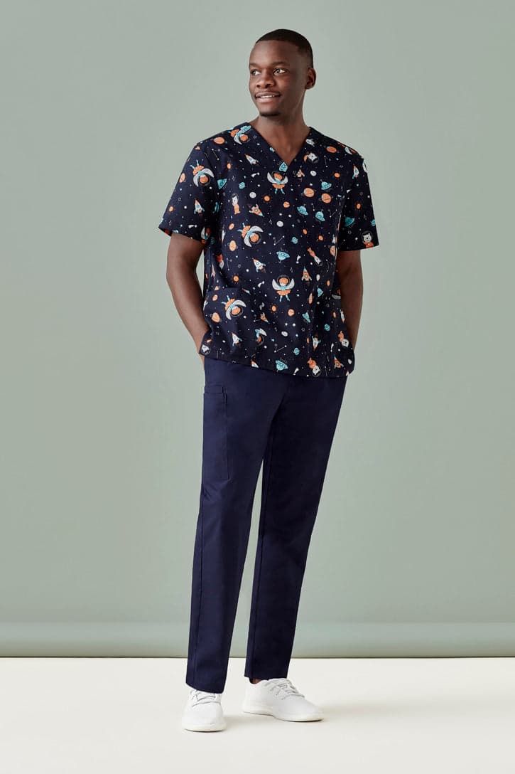 Mens Space Party Scrub Top in Midnight Navy