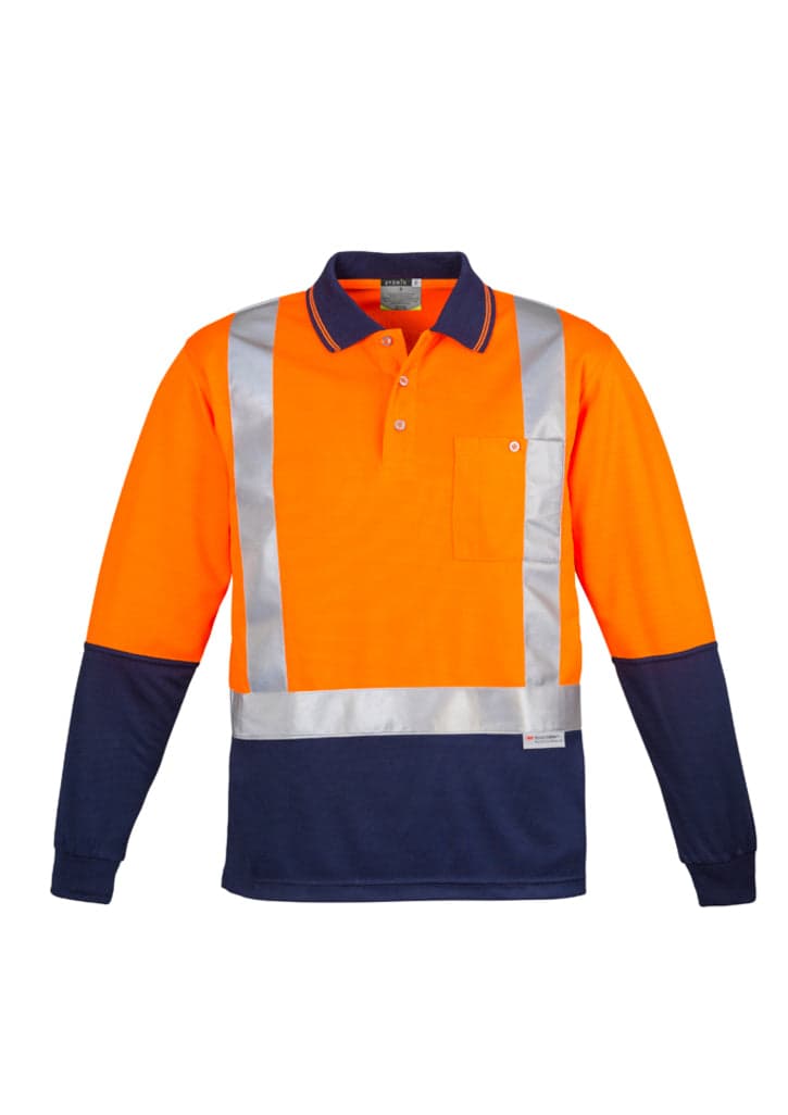 Hi Vis Mens L/S Spliced Polo - Shoulder Taped in Orange/Navy