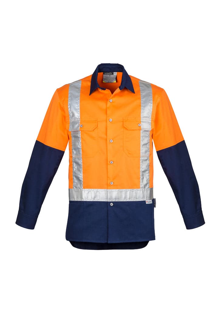 Mens Hi Vis Spliced Industrial Shirt - Shoulder Taped in Orange/Navy