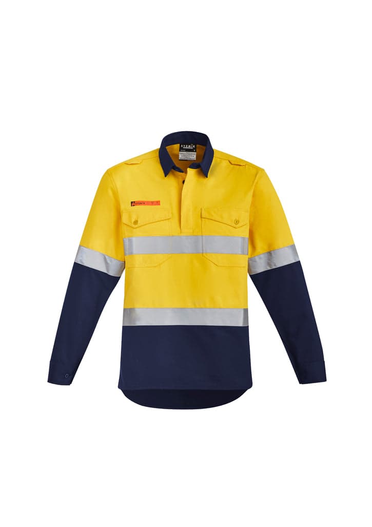 Mens Orange Flame HRC 2 Hoop Taped Closed Front Spliced Shirt in Yellow/Navy