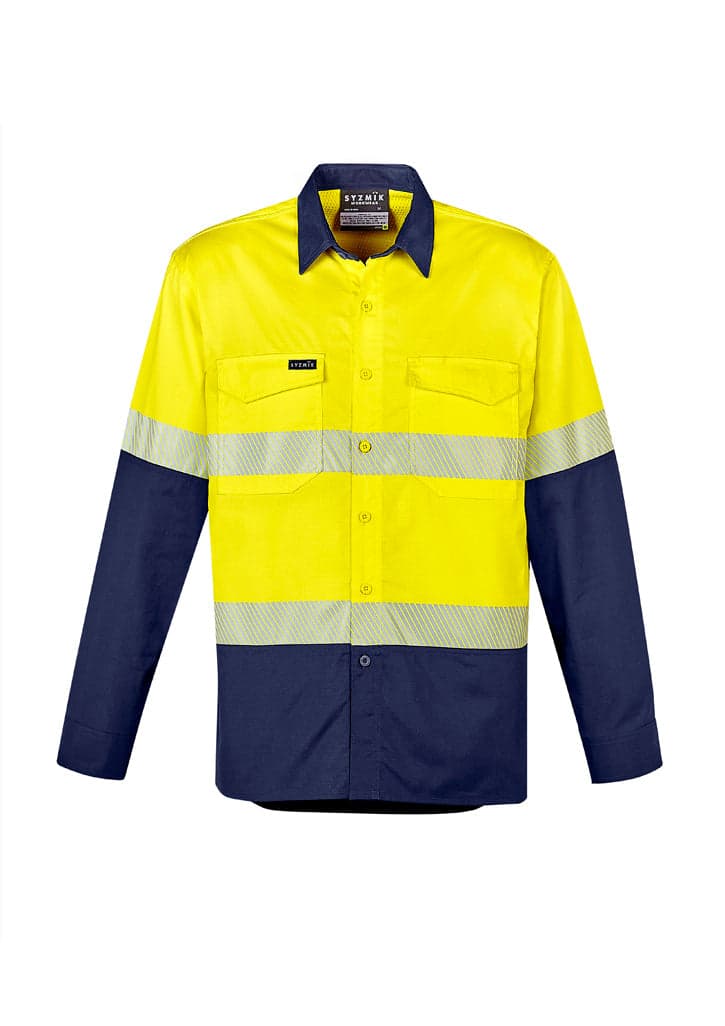 Mens Rugged Cooling Hi Vis Segmented Tape L/S Shirt in Yellow/Navy