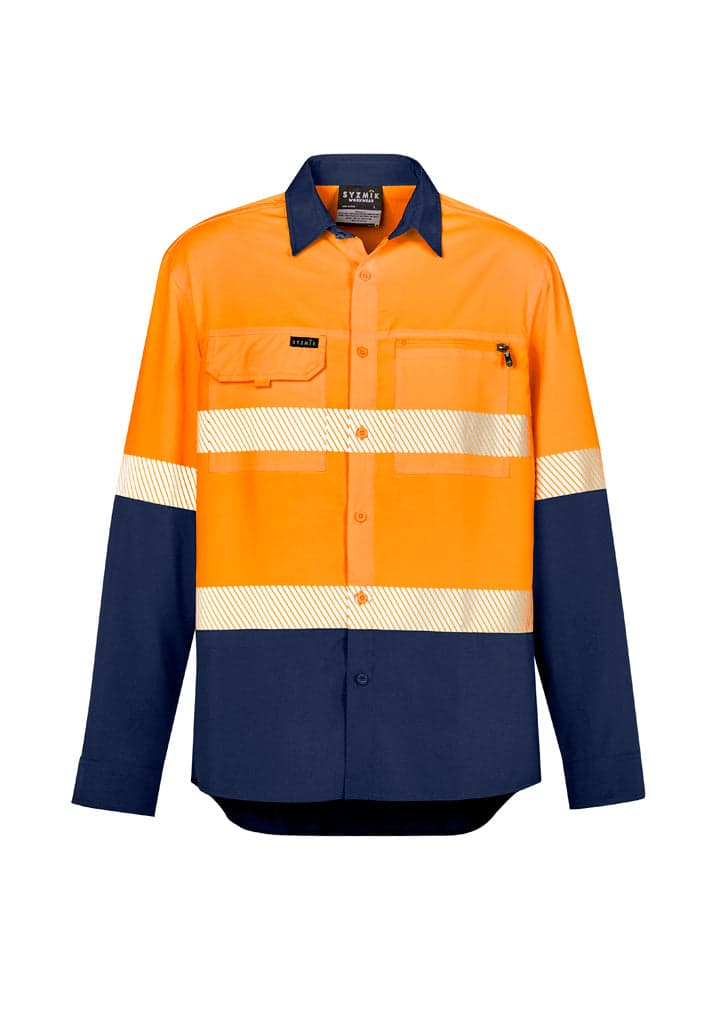 Mens Hi Vis Outdoor Segmented Tape L/S Shirt in Orange/Navy