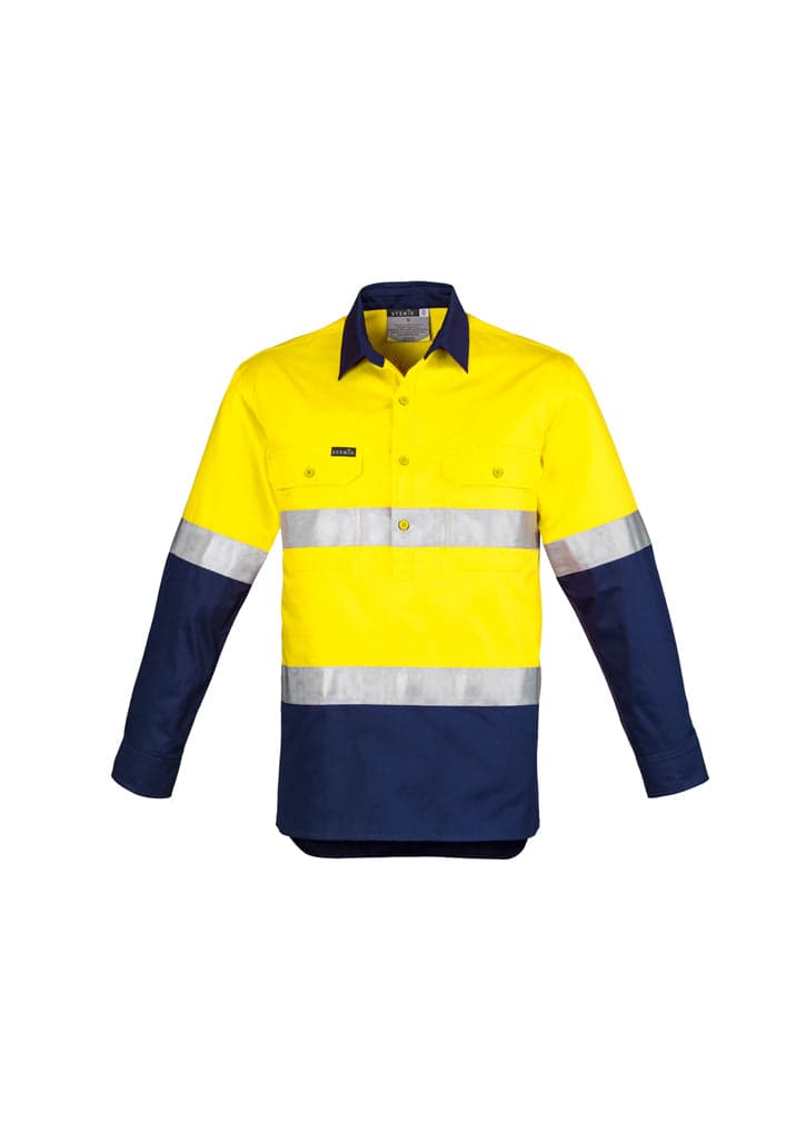 Mens Hi Vis Closed Front L/S Shirt - Hoop Taped in Yellow/Navy
