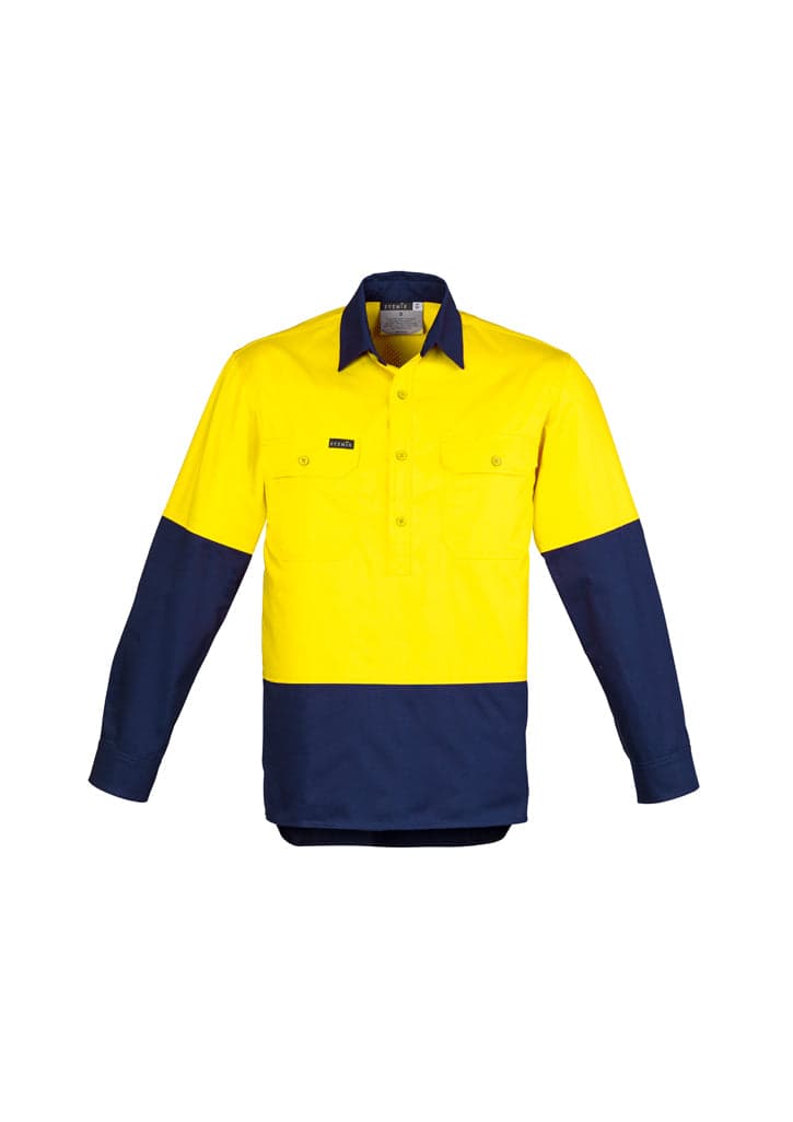 Mens Hi Vis Closed Front L/S Shirt in Yellow/Navy