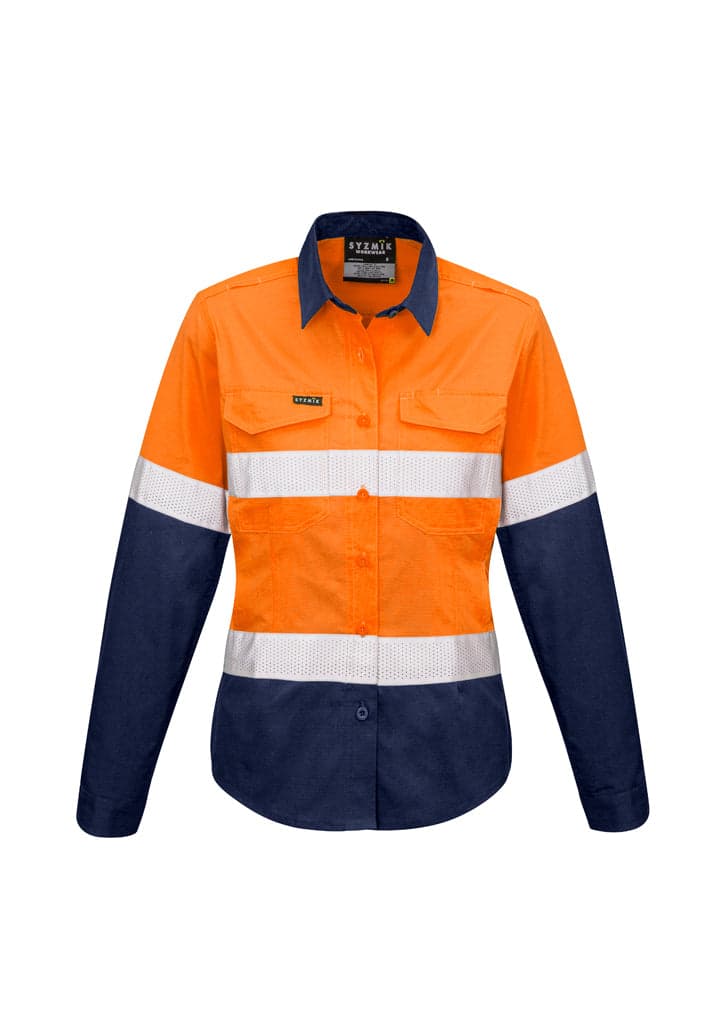 Ladies Rugged Cooling Taped Hi Vis Spliced Shirt in Orange/Navy
