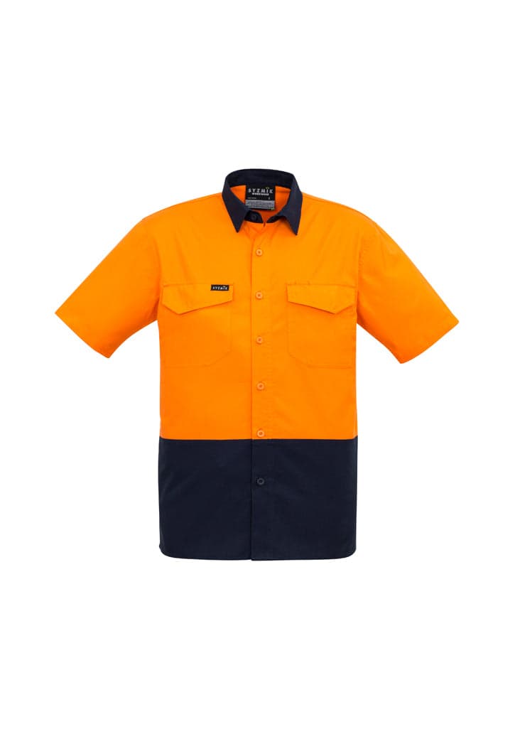 Mens Rugged Cooling Hi Vis Spliced S/S Shirt in Orange/Navy