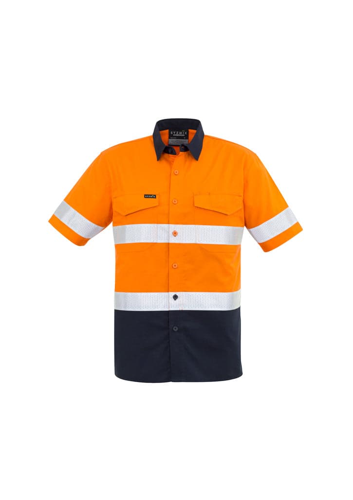 Mens Rugged Cooling Taped Hi Vis Spliced S/S Shirt in Orange/Navy