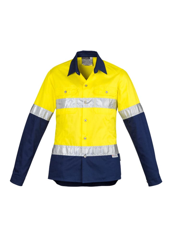 Ladies Hi Vis Spliced Industrial Shirt - Hoop Taped in Yellow/Navy